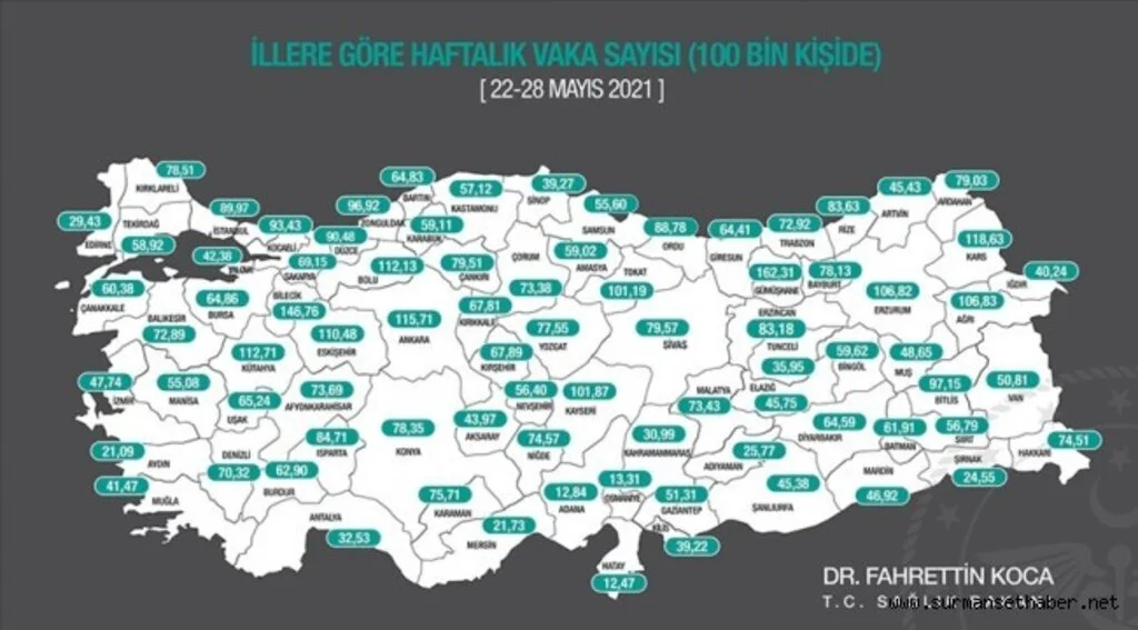 İllere göre her 100 bin kişide görülen Kovid-19 vaka sayıları açıklandı