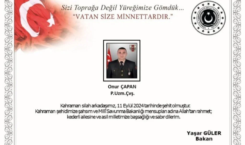 Valilik: Şehit Uzman Çavuş Onur Çapan Isparta’da toprağa verilecek