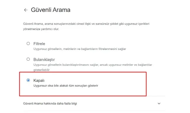 Güvenli Arama Filtresi Nasıl Kapatılır